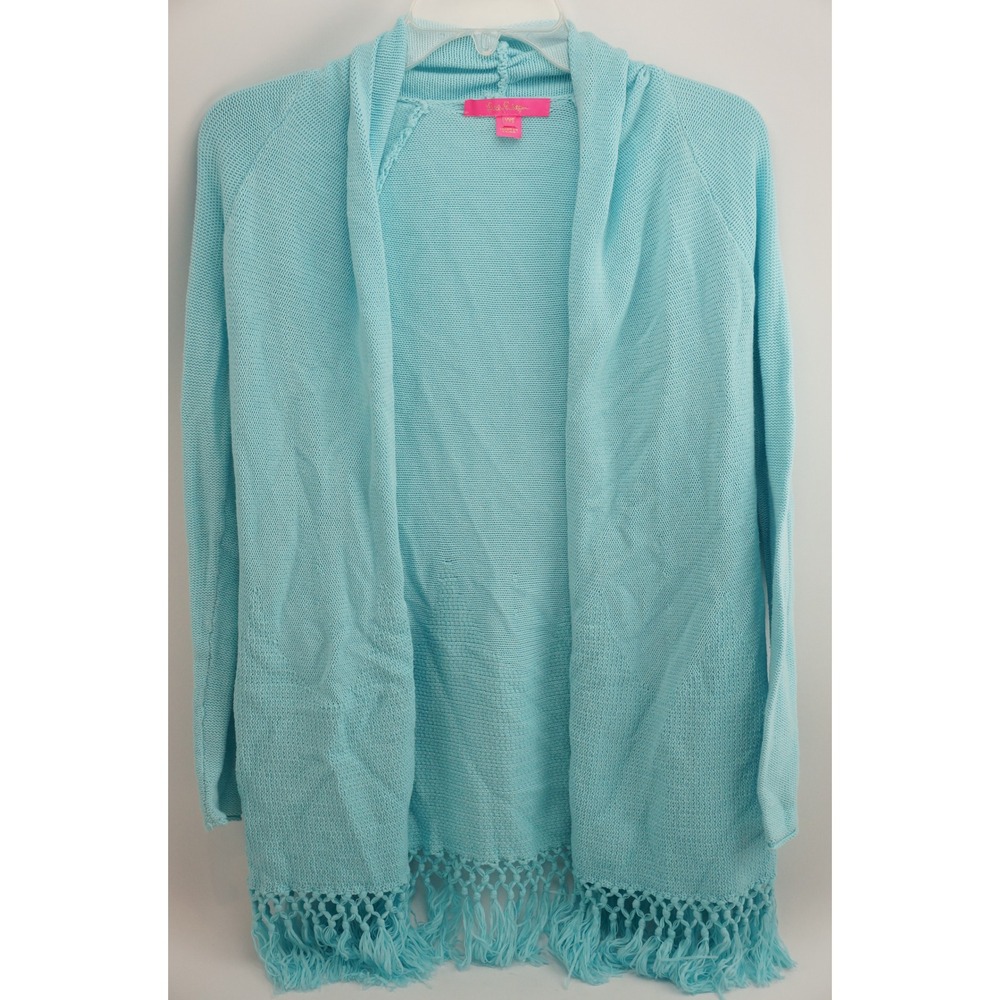 Lilly‎ Pulitzer Cardigan XXS Blue Fringe Open Front Shawl Collar Excellent